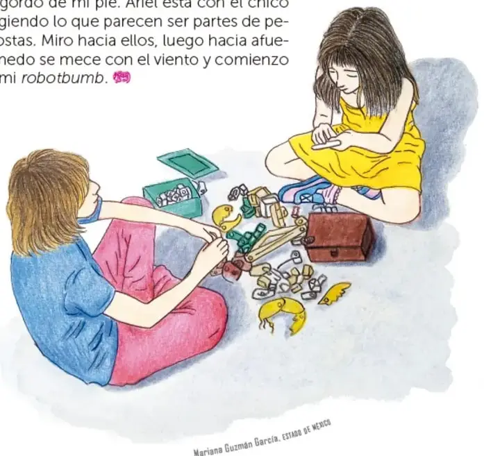 Ilustración de dos adolescentes sentados en el suelo: uno con playera azul y pants rosa sostiene piezas de robot, y otra con vestido amarillo arma un robot; alrededor hay cajas, engranes, brazos y piezas sueltas.