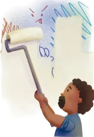 Ilustración de un hombre con rodillo pintando una pared con garabatos, como metáfora de mejorar el entorno.