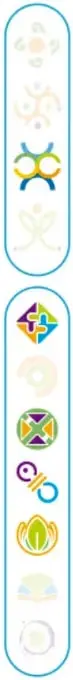 Barra vertical decorativa con iconos de colores (figuras geométricas y símbolos) en tonos azul, amarillo, rosa y verde.
