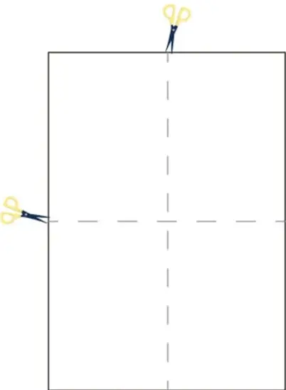 Rectángulo dividido por líneas punteadas verticales y horizontales, con tijeras cortando por la mitad.