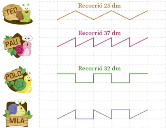 Cuadrícula con los trayectos de cuatro caracoles: Teo (zigzag de diagonales, 25 dm), Pau (diagonales con caídas verticales, 37 dm), Polo (camino de escalones, 32 dm) y Mila (trayecto sin medida indicada).