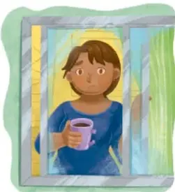 Ilustración de una niña con taza observando por una ventana, con esquinas tipo collage; crédito a Diana Ivette Gutiérrez Cisneros, Guanajuato.