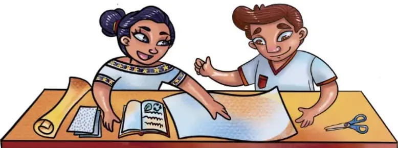 Ilustración de dos estudiantes (niña y niño) sentados en un pupitre, revisando un libro y una hoja, con útiles escolares sobre la mesa.