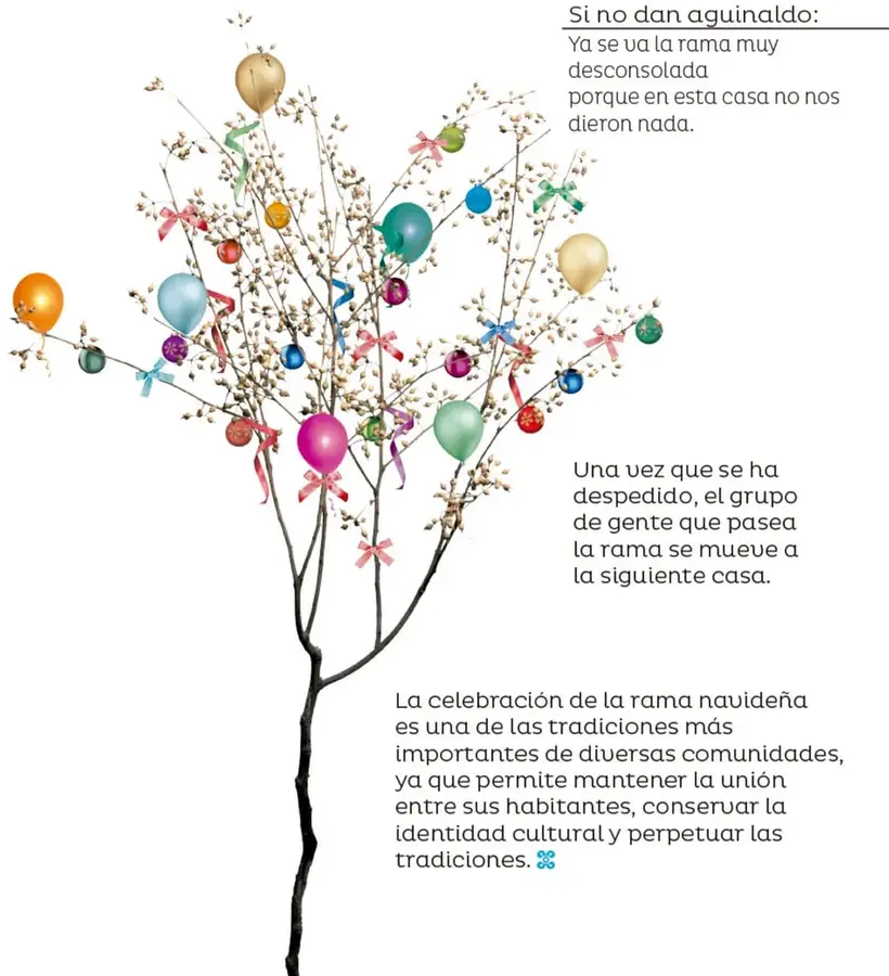 Fotografía de una rama seca decorada con globos de colores, esferas navideñas y moños de listón, lista para ser paseada.