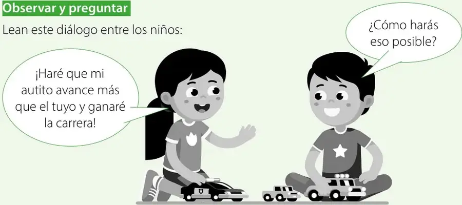 Dos niños sentados en el suelo con autitos de juguete; la niña dice que su autito ganará la carrera y el niño pregunta cómo lo hará posible.