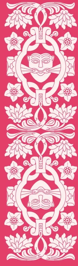 Ilustración decorativa vertical en color rosa con motivos florales y dos rostros humanos estilizados, uno de ellos con lágrimas, enmarcados en figuras circulares; alude a la diversidad y al sufrimiento que buscan prevenir los derechos humanos.