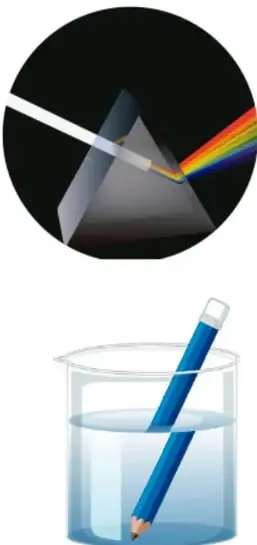 Círculo con un prisma triangular que descompone un haz de luz blanca en un arcoíris de colores.
