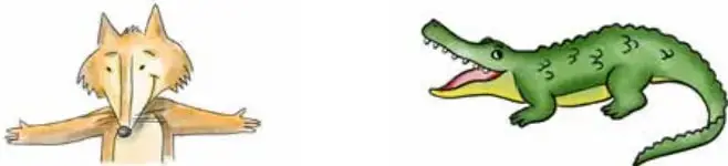 Ilustración de un zorro de pie con los brazos extendidos y un cocodrilo verde con la boca abierta.