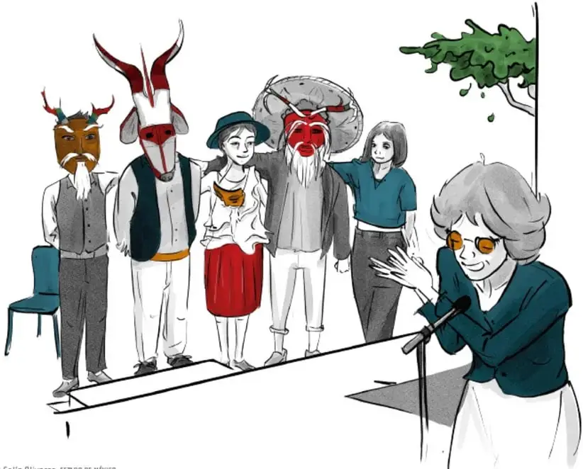 Ilustración de estudiantes con trajes y máscaras tradicionales de la comunidad (con cuernos y colores) junto a una joven con sombrero, frente a una mujer que habla con micrófono; crédito a Jesica Colín Olivares, Estado de México.