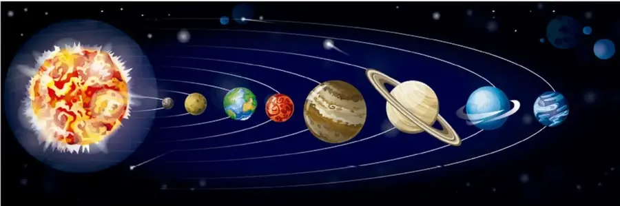 Ilustración del sistema solar con el Sol a la izquierda y los planetas alineados sobre sus órbitas elípticas.
