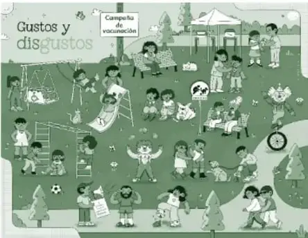 Miniatura del recurso 'Gustos y disgustos': escena de parque en tonos verdes con niños jugando (resbaladilla, sube y baja, fútbol, monociclo), un letrero de 'Campaña de vacunación' y diversas personas con emociones visibles.