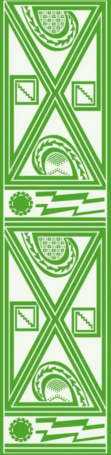 Franja vertical verde con un motivo geométrico indígena repetido dos veces: un triángulo invertido con un arco con serrín/hojas, símbolos circulares tipo sol y rayos, y pequeños cuadros con escalinatas, en estilo grafismo prehispánico monocromático verde sobre fondo claro.
