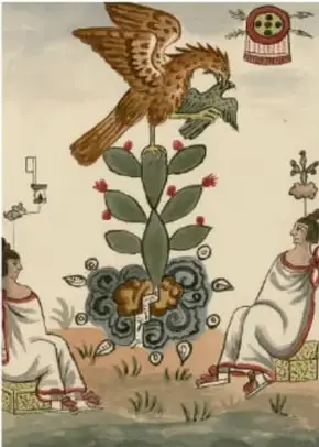 Ilustración del águila posada sobre un nopal devorando un ave, con dos personajes sentados a los lados; alude a la fundación de México-Tenochtitlan.