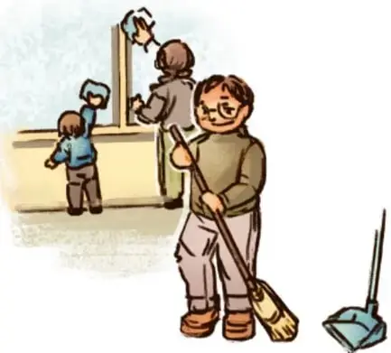 Familia con un niño usando muletas y dos adultos, uno de ellos agachado hablando con él.