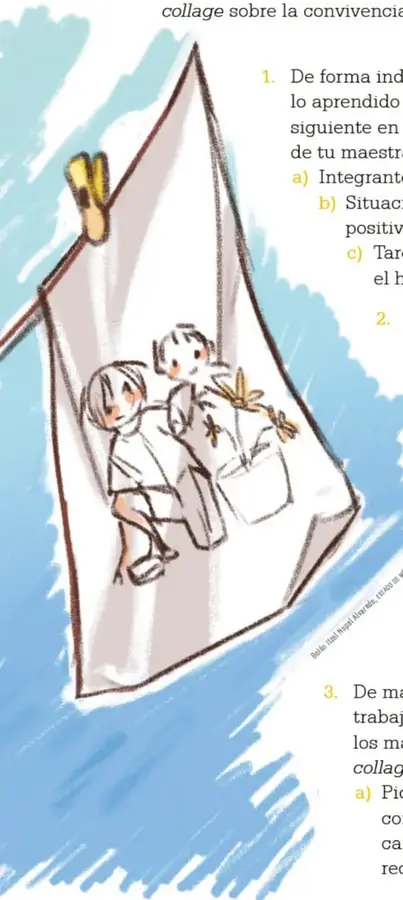 Ilustración de un tendedero con ropa y dos niños pequeños sosteniendo una cesta, relacionada con el proyecto 'Tendedero familiar'.