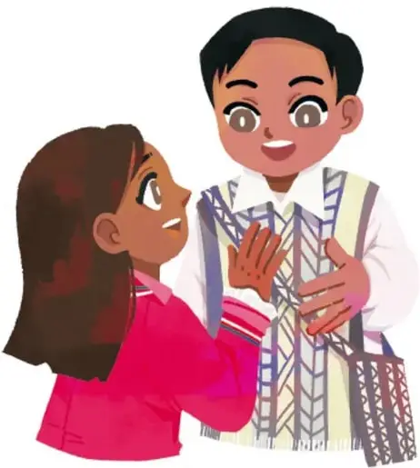 Ilustración de una niña que saluda de cerca a un niño sonriente que viste camisa bordada tradicional y carga una bolsa tejida. Crédito: Laura Ángeles Fernández, Ciudad de México.