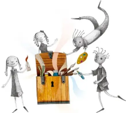 Ilustración de niños de rasgos trazados a lápiz alrededor de un cofre de madera del que salen objetos de arte (pincel, paleta), con una figura volando y otra bailando.