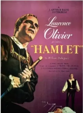 Cartel de la película Hamlet (1948) protagonizada por Laurence Olivier, con el actor vestido de época renacentista.