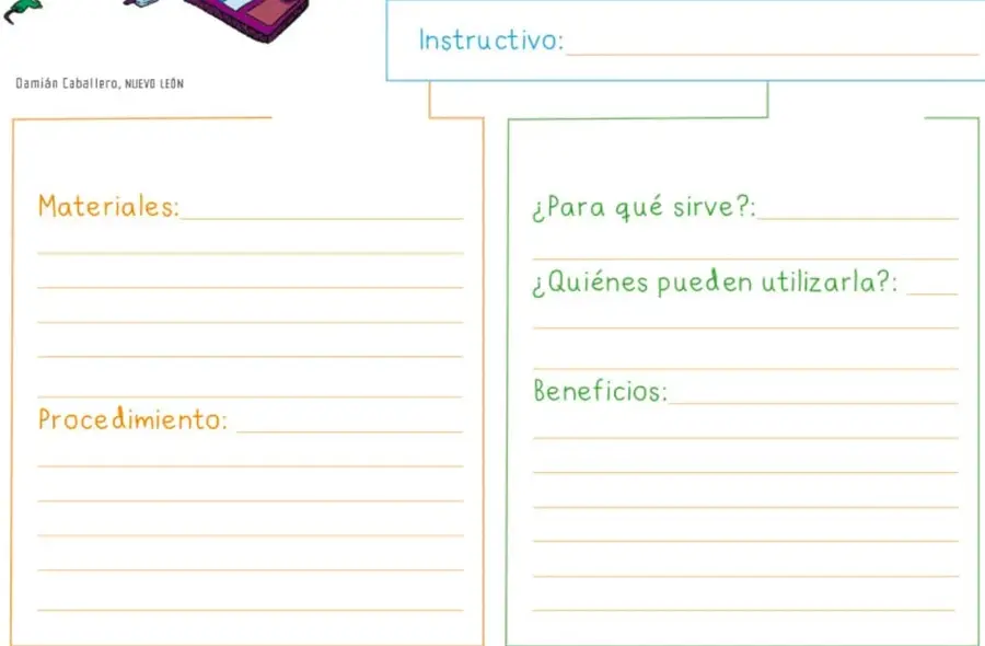 Recuadro titulado "Instructivo" con dos cuadros laterales: en el izquierdo (borde naranja) los apartados Materiales y Procedimiento; en el derecho (borde verde) ¿Para qué sirve?, ¿Quiénes pueden utilizarla? y Beneficios, todos con renglones para escribir.
