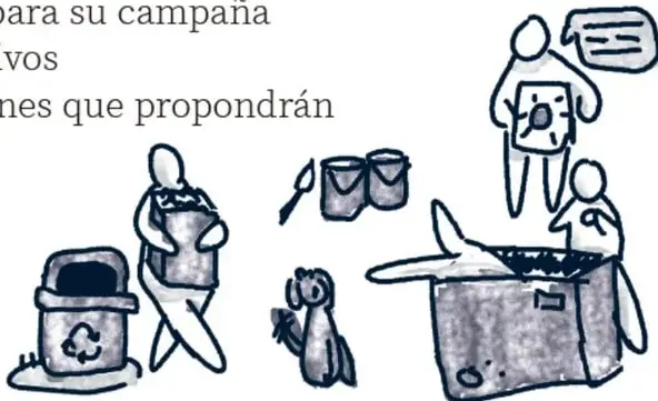 Ilustración de estudiantes elaborando un mural con cajas, botes de reciclaje y materiales reutilizables; crédito a Aylin Castro Melchor, Veracruz.