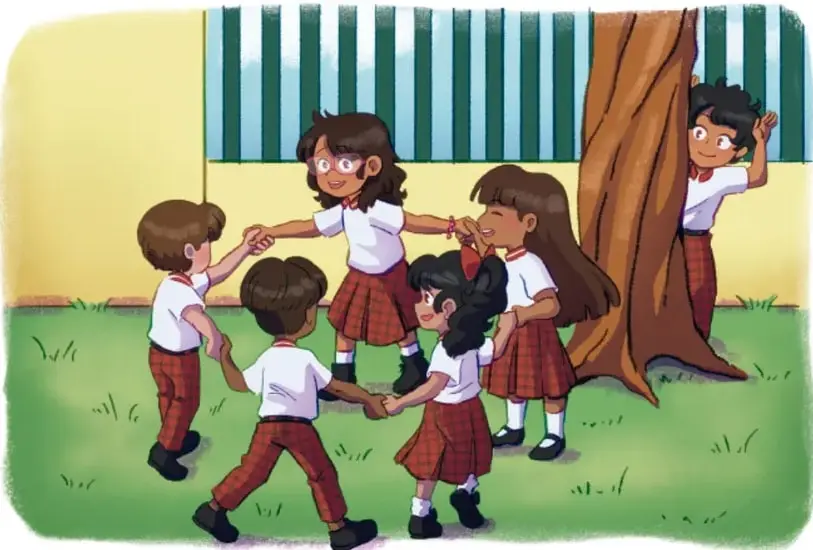 Ilustración de seis niños y niñas con uniforme escolar jugando en el patio, tomados de las manos en círculo; uno de ellos se esconde detrás de un árbol.