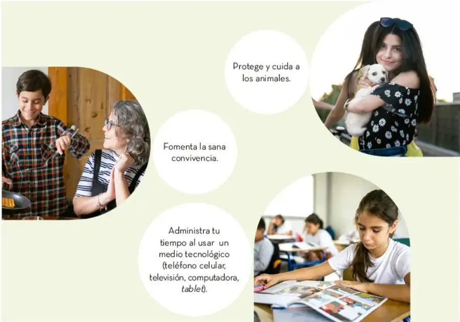 Infografía con tres globos de texto (proteger animales, fomentar sana convivencia, administrar el tiempo con medios tecnológicos) acompañados de fotografías: una joven con un perro, un adolescente cocinando con una adulta mayor, y una estudiante leyendo en el aula.