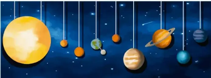 Ilustración de planetas del Sistema Solar colgando como si fueran móviles sobre un fondo estrellado. Crédito: Eli Fabián López López, GUERRERO.