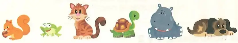 Ilustraciones de una ardilla, una rana, un gato, una tortuga, un hipopótamo y un perro.