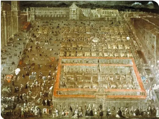Pintura de la Plaza Mayor de México durante el motín de 1692, con el Palacio Virreinal quemado.