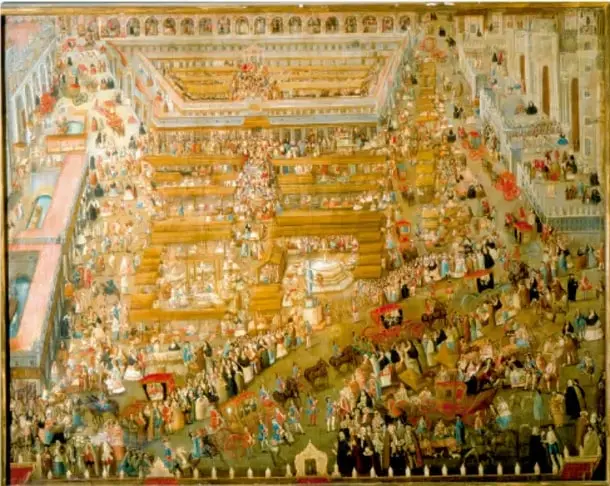 Pintura histórica de una gran asamblea multitudinaria en un salón amplio con mesas, numerosas personas reunidas en un evento comunitario.