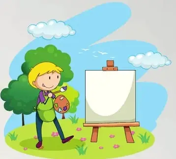 Ilustración tipo flat de un niño pequeño junto a un caballete con un cuadro (alusión a la infancia y vocación temprana del artista).
