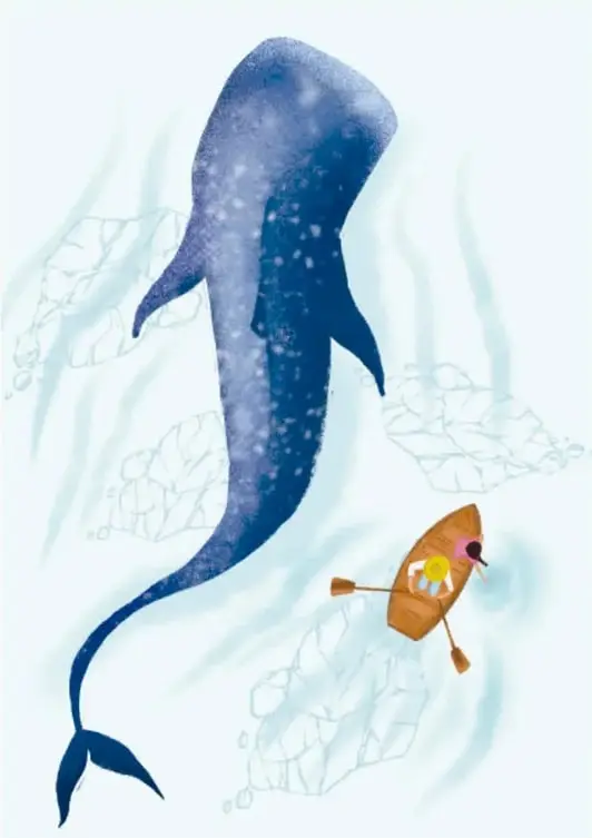 Ballena azul nadando junto a un pequeño bote con un personaje remando.