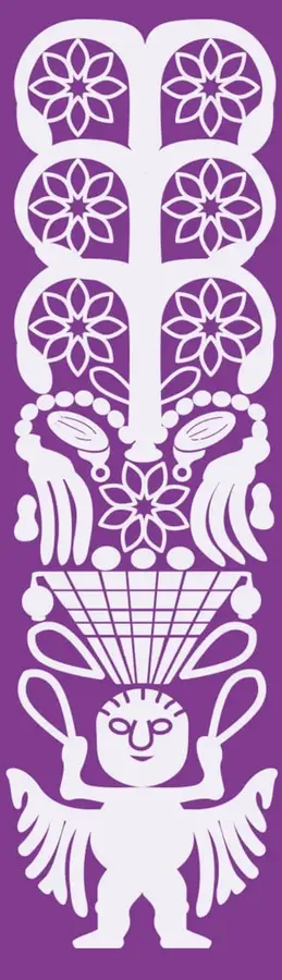 Ilustración decorativa de estilo indígena mexicano (arte huichol/wixárika) en color blanco sobre fondo morado: una figura central con rostro humano, alas y brazos levantados, coronada por un árbol simétrico con flores de ocho pétalos y un cesto tejido.