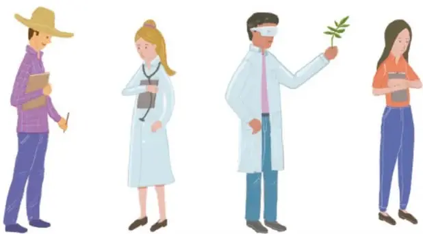 Cuatro personajes adultos: un hombre con sombrero y tablero (agrimensor o técnico), una doctora con estetoscopio, un científico con bata y lentes sujetando una planta, y una joven con libreta; representan los estudios de los protagonistas.