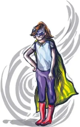 Ilustración de una persona con antifaz, capa verde y traje de superhéroe, de pie con las manos en la cintura. Crédito: Octavio Sánchez Oropeza, Veracruz.