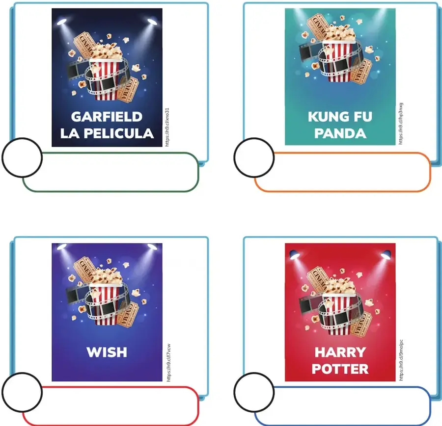 Póster cinematográfico con balde de palomitas sobre fondo azul oscuro, rotulado 'GARFIELD LA PELICULA', dentro de un marco azul con círculo blanco para numerar el orden.