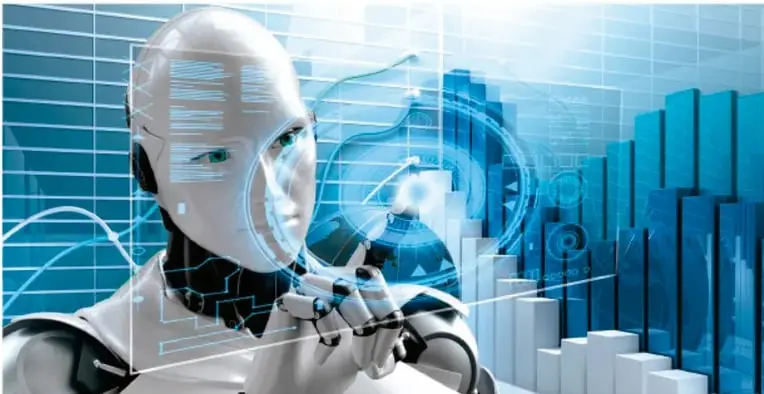Ilustración de un robot humanoide blanco en pose de reflexión frente a una pantalla con gráficas de barras y círculos tecnológicos en tonos azules, representando el análisis de datos por IA.