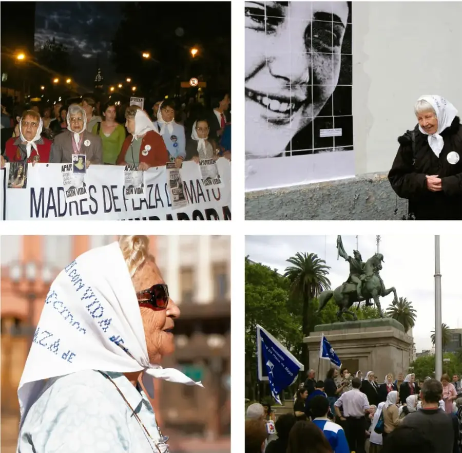 Marcha nocturna de las Madres de Plaza de Mayo con pañuelos blancos y una pancarta que dice 'MADRES DE PLAZA DE MAYO'.