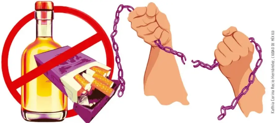 Ilustración de una botella de alcohol y una cajetina de cigarros dentro de un círculo rojo de prohibido, junto a dos manos que rompen cadenas moradas, simbolizando la libertad frente a la adicción.