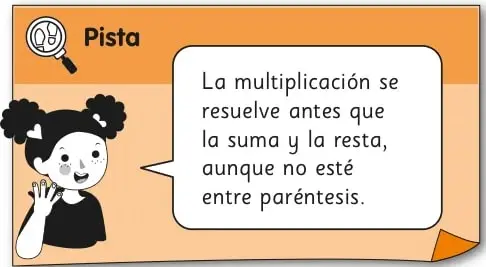 Recuadro naranja con la pista sobre el orden de las operaciones y una niña pensando.