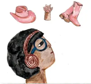 Figura de una gata de trapo con etiquetas: sombrero, gata sin bigotes, vestido amarillo, medias de rayas, botas vaqueras.