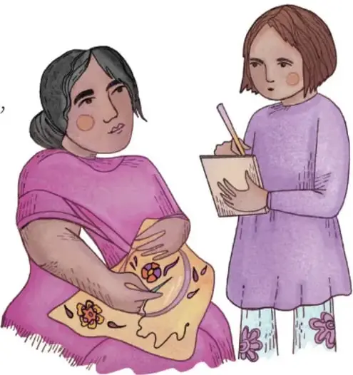 Ilustración de una adulta tejiendo o bordando y una niña con cuaderno y lápiz tomando nota; crédito: Tania Villanueva López, Puebla.