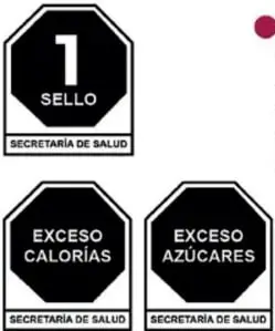Ejemplos gráficos de sellos octagonales negros: uno con el número 1 y la palabra SELLO, y dos con las leyendas EXCESO CALORÍAS y EXCESO AZÚCARES, además de dos rectángulos con leyendas sobre cafeína y edulcorantes.