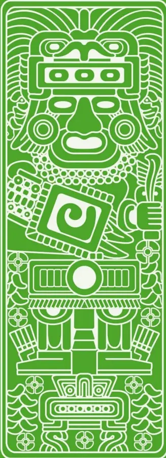 Ilustración ornamental verde de estilo mesoamericano (máscara o deidad prehispánica con elementos antropomorfos y geométricos) que acompaña el título del capítulo.