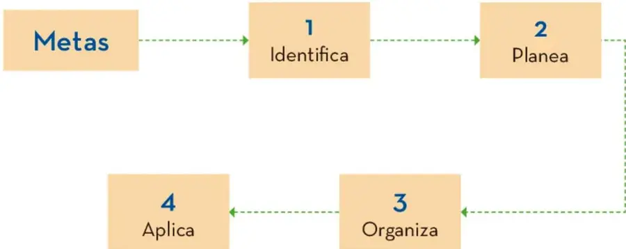 Esquema con cajas: Metas → 1 Identifica → 2 Planea → 3 Organiza → 4 Aplica, conectadas con flechas verdes punteadas formando un ciclo.