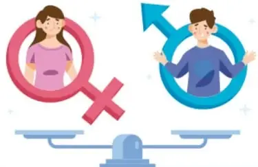 Ilustración de una balanza equilibrada con los símbolos femenino (♀) y masculino (♂), representando la equidad de género.
