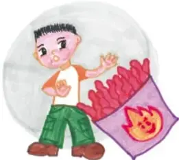 Ilustración de un niño rechazando una bolsa de frituras, con la leyenda 'A mi compañero le desagrada comer frituras tanto como a mí.'