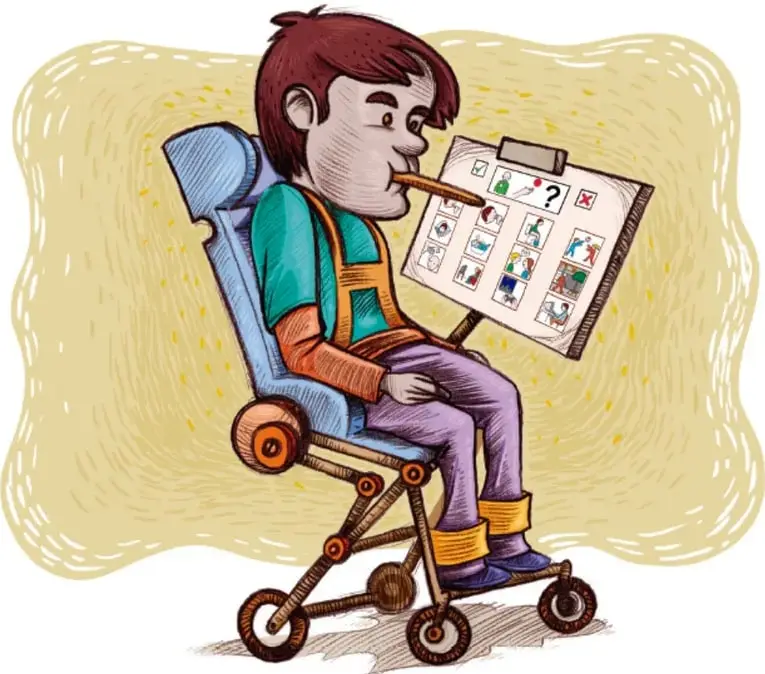 Ilustración de un niño en silla de ruedas que señala con una varita sujeta en la boca un tablero de comunicación con varias imágenes (pictogramas), entre ellas un signo de interrogación, una palomita (✓) y una equis (✗). Crédito: José Alfredo (Ifo) Contreras Rodríguez, SINMÁ.