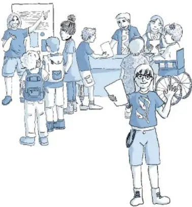Ilustración de estudiantes preparando y presentando un proyecto en el aula; crédito: Max Longo, Estado de México.