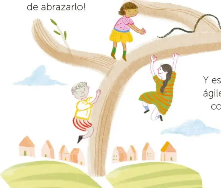 Niña con blusa rosa y falda amarilla caminando sobre una rama del árbol.
